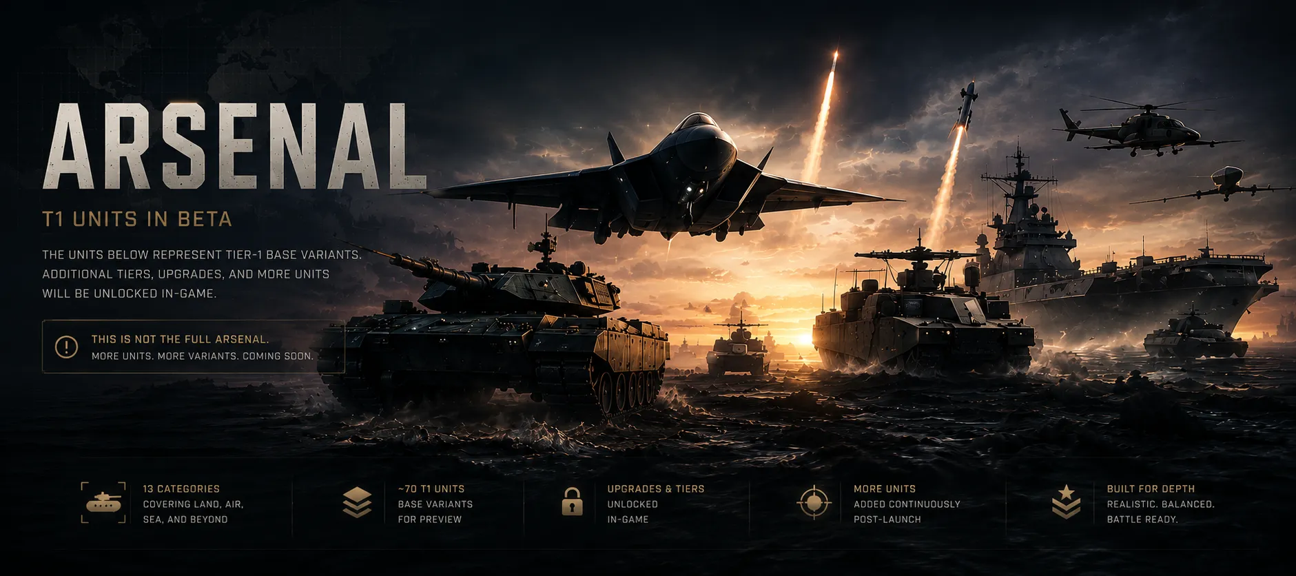 'Arsenal — T1 Units in Beta' over a dusk battle scene with a fighter jet, tanks, and warships advancing through rocket launches. The units below represent tier-1 base variants; additional tiers, upgrades, and more units will be unlocked in-game — this is not the full arsenal, more units and variants are coming soon. Stats: 13 categories covering land, air, sea, and beyond; ~70 T1 units as base variants for preview; upgrades and tiers unlocked in-game; more units added continuously post-launch; built for depth — realistic, balanced, battle ready