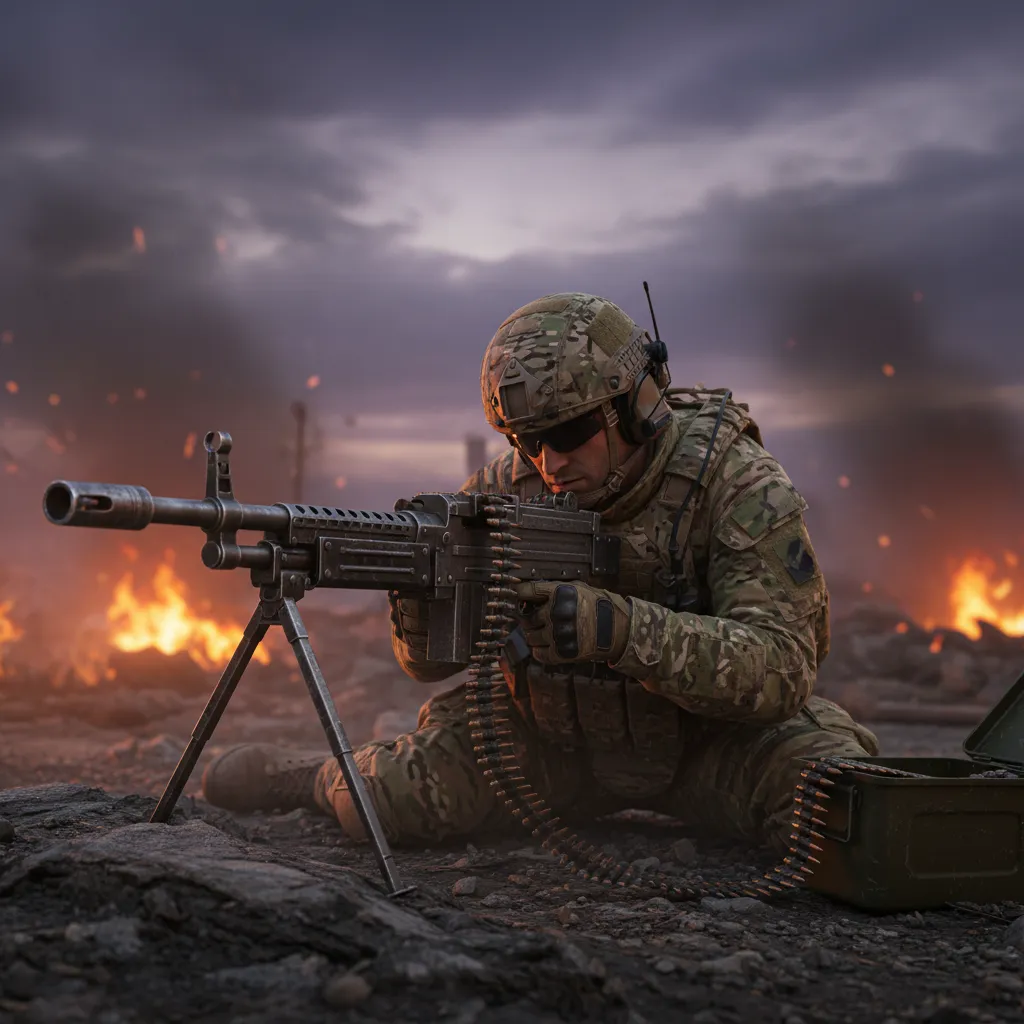 M60 Machine Gunner (Vietnam Era SAW) — M60 machine gun team providing heavy sustained firepower. Broken Front Tier-1 Infantry unit render.