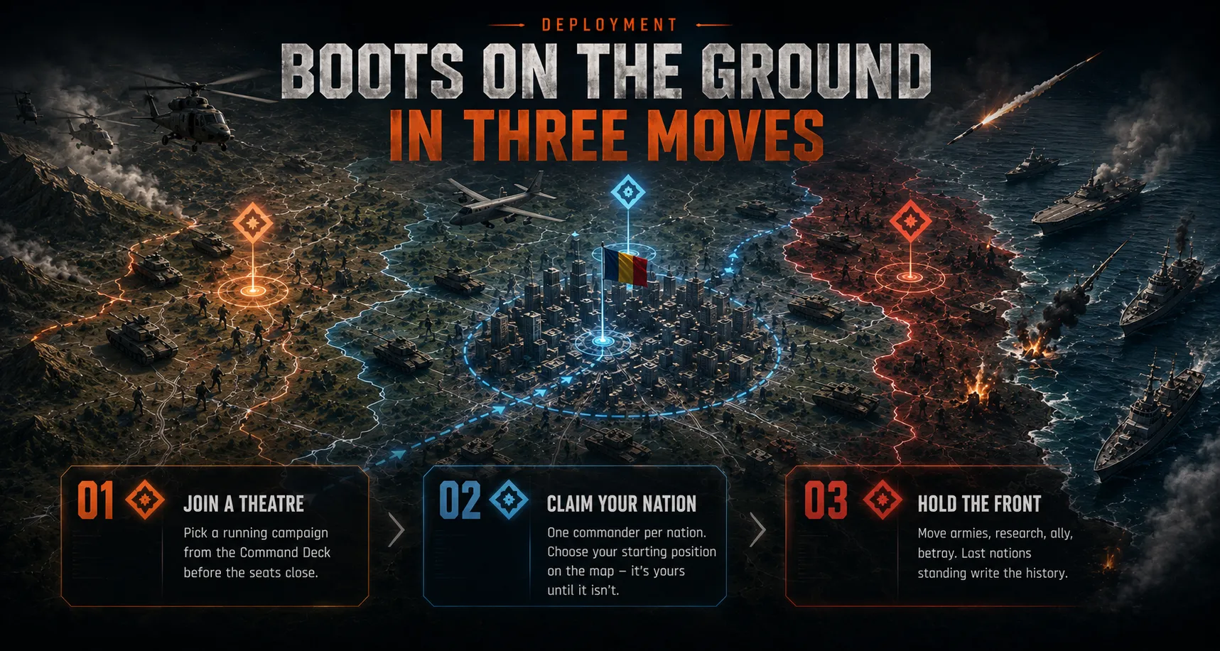 'Deployment: Boots on the ground in three moves' over a battle map split into three factions' zones with tanks, troops, ships, and aircraft — step 01 join a theatre (pick a running campaign from the Command Deck before seats close), step 02 claim your nation (one commander per nation, choose your starting position on the map), step 03 hold the front (move armies, research, ally, betray — last nations standing write the history)