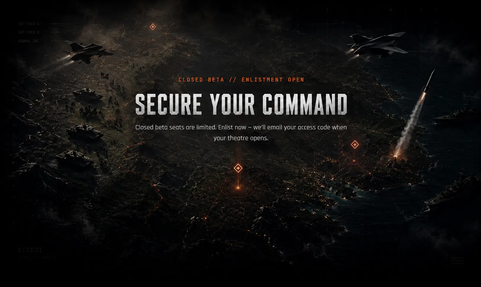 'Closed beta, enlistment open — Secure your command' banner over a battlefield map with jets, tanks, and a missile launch, inviting players to enlist for closed beta access