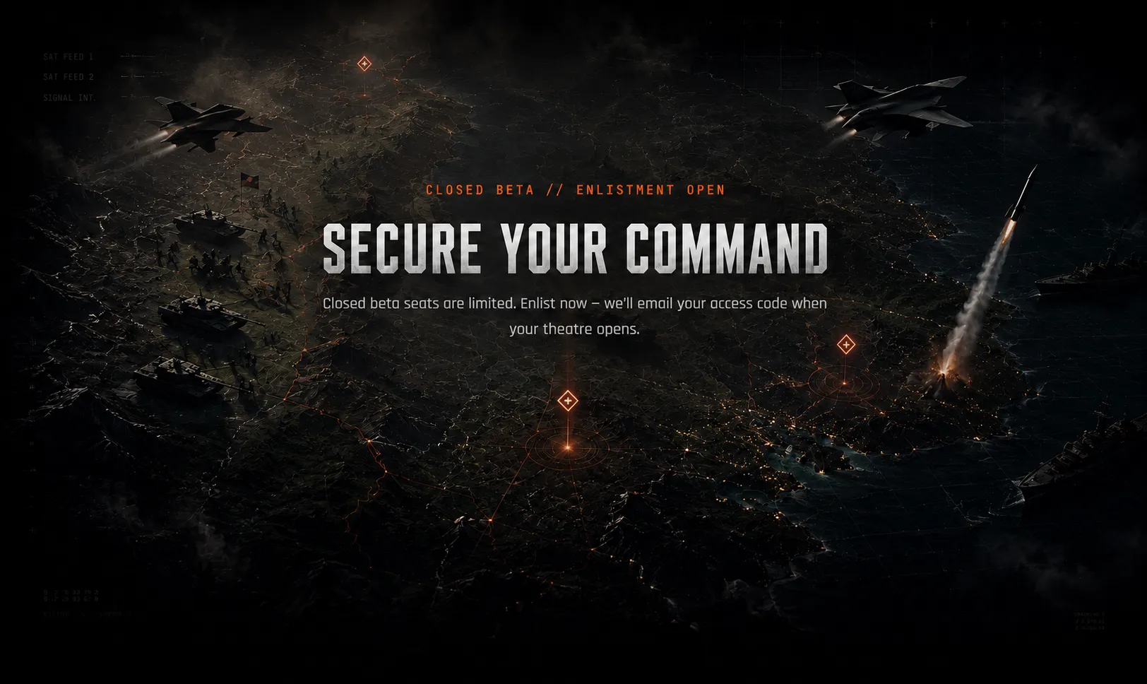 'Closed beta, enlistment open — Secure your command' banner over a battlefield map with jets, tanks, and a missile launch, inviting players to enlist for closed beta access