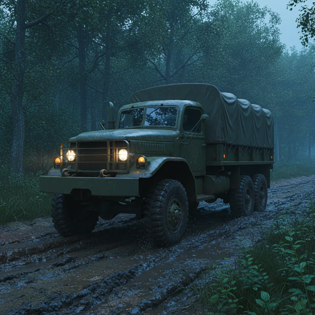 M35 2.5-ton Truck (Basic Military Truck) — M35 2.5-ton general purpose military cargo truck. Broken Front Tier-1 Support / Logistics unit render.