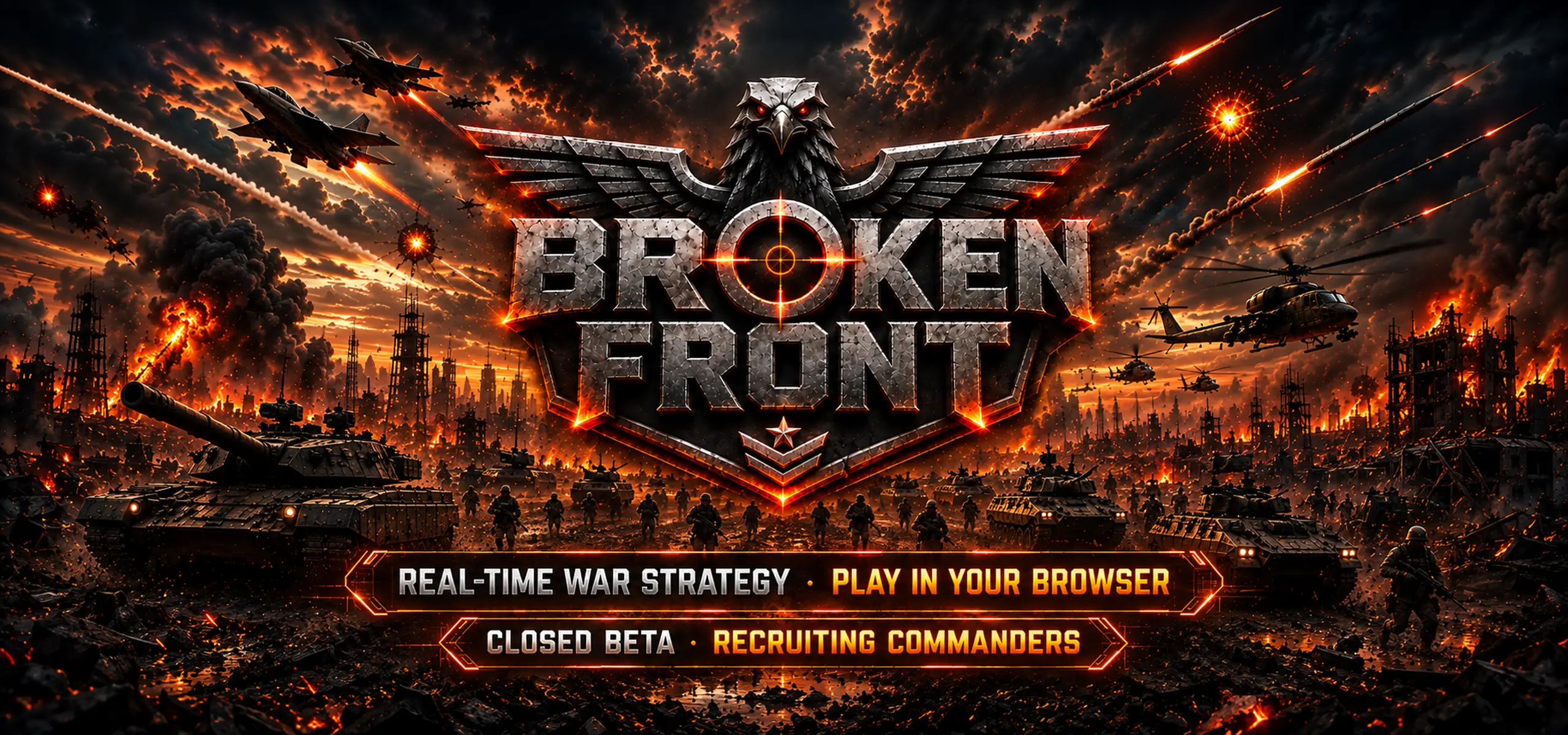Broken Front key art: a shattered steel eagle-and-crosshair emblem over a burning battlefield, with tanks, soldiers, jets, and helicopters advancing through fire and smoke. Real-time war strategy · Play in your browser. Closed beta · Recruiting commanders.