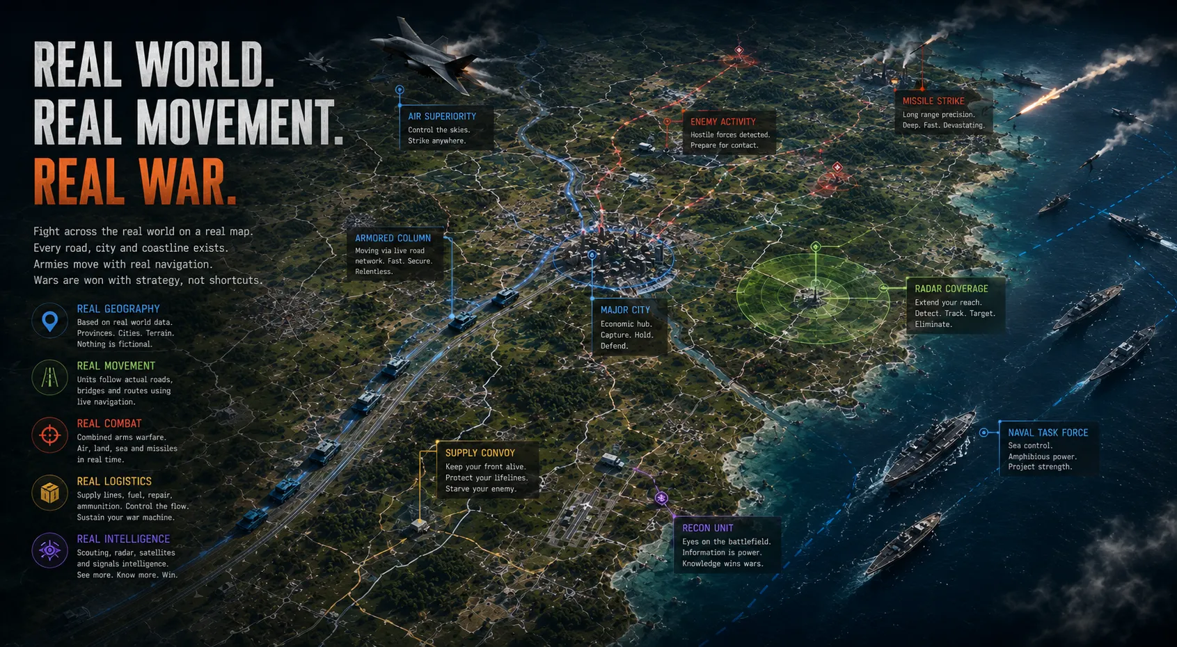 Infographic titled 'Real world. Real movement. Real war.' over an aerial map of live military activity, labeling air superiority, enemy activity, missile strikes, armored columns, a major city, radar coverage, supply convoys, recon units, and a naval task force — illustrating that Broken Front runs on real geography, live navigation, combined-arms combat, logistics, and intelligence