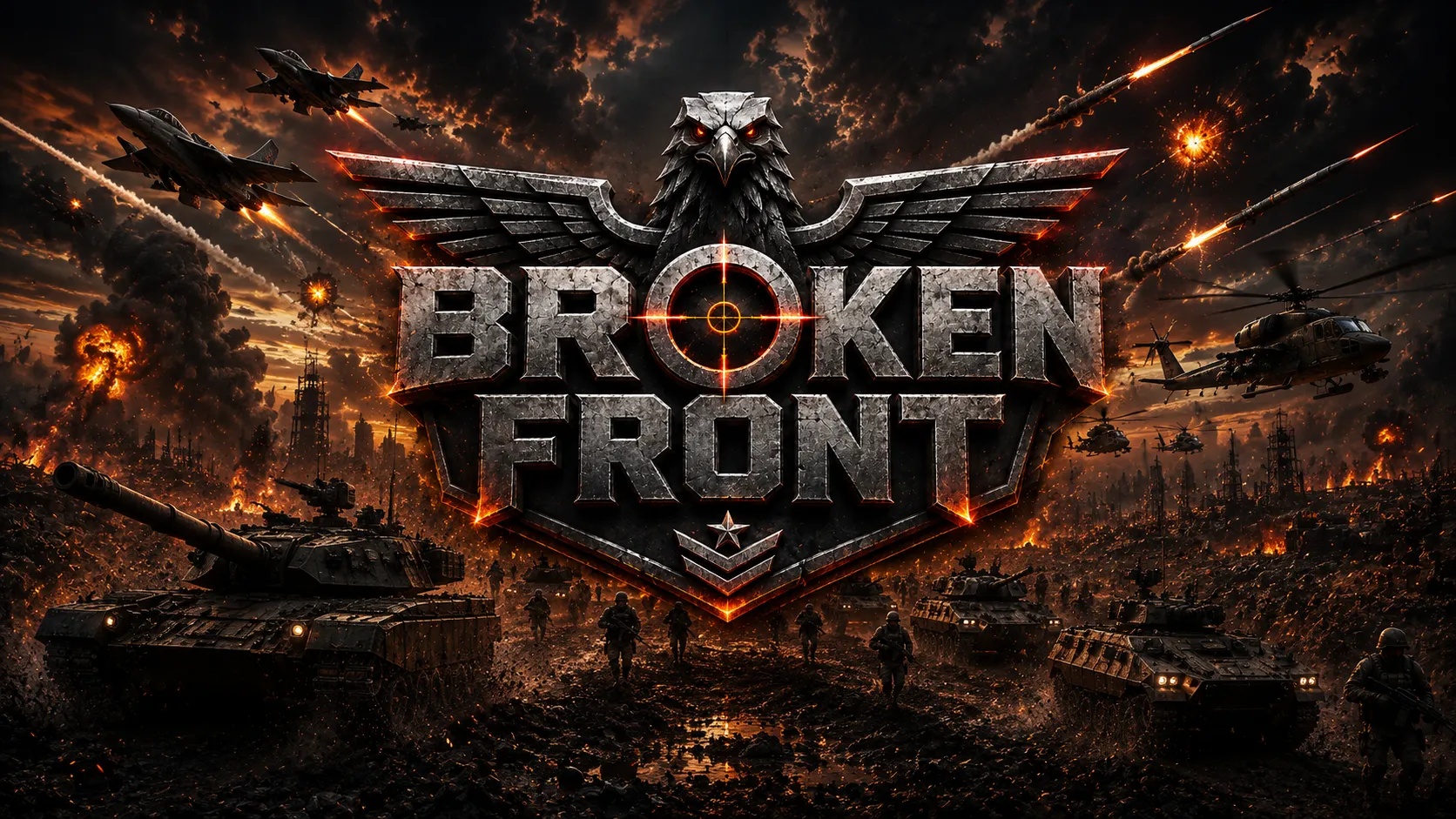 Broken Front key art: a shattered steel eagle-and-crosshair emblem over a burning battlefield, with tanks, soldiers, jets, and helicopters advancing through fire and smoke