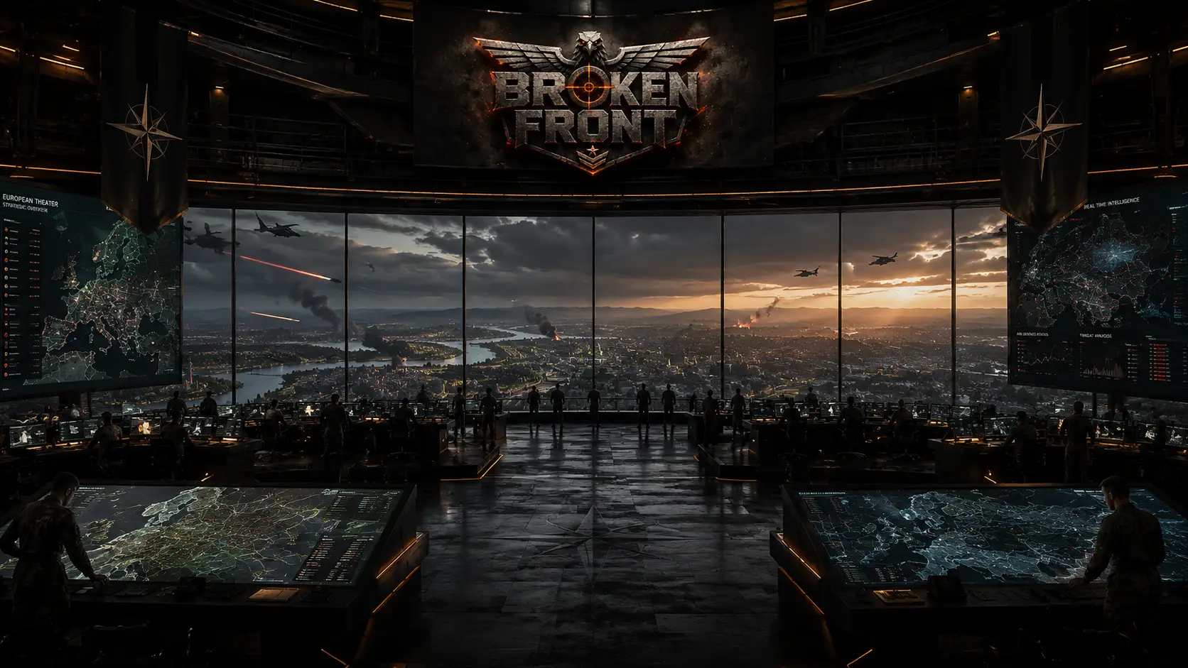 Broken Front command center: officers standing at strategic map tables and screens beneath the game's logo banner, overlooking a city skyline at dusk with jets and helicopters flying in the distance