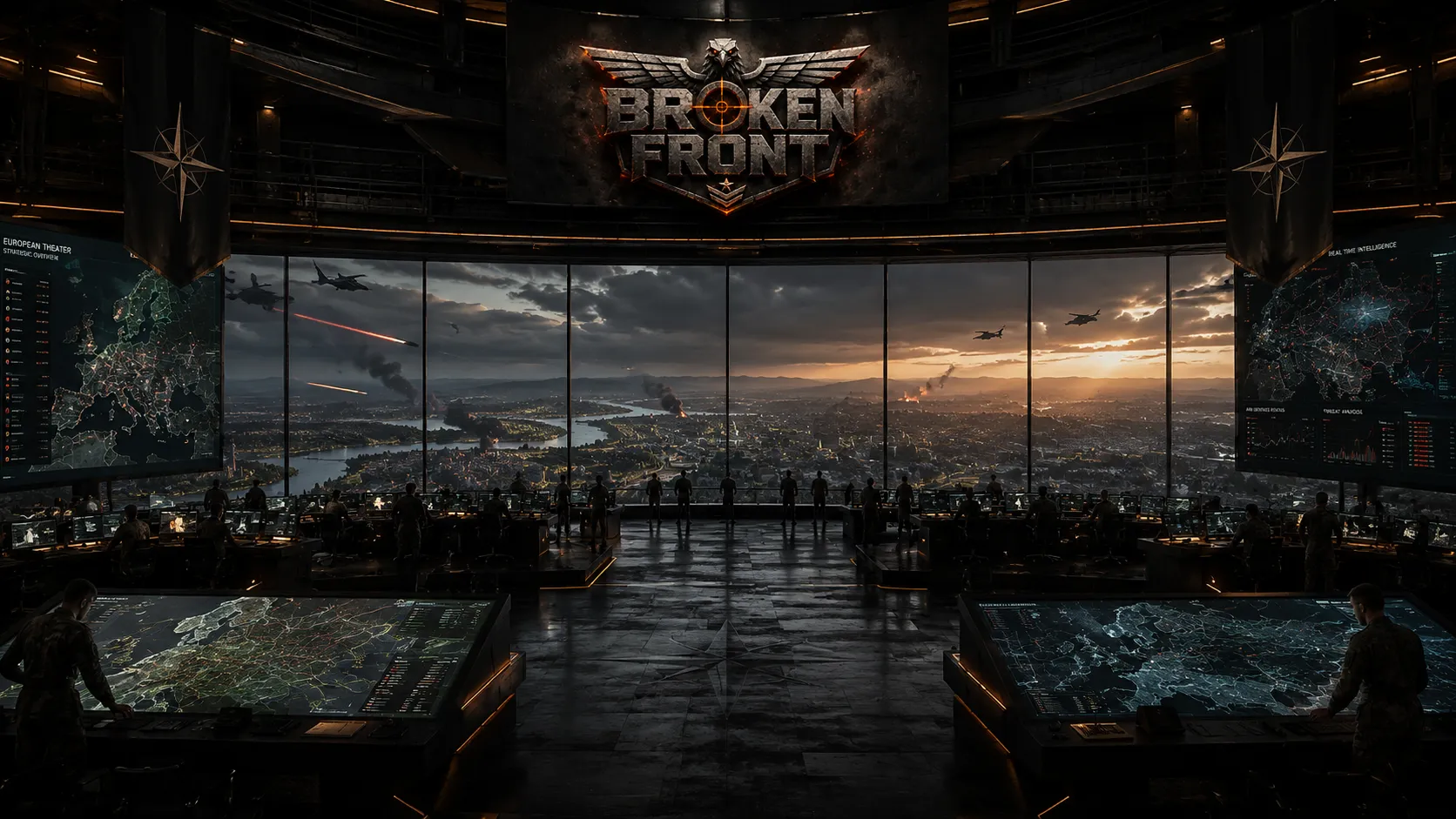 Broken Front command center: officers standing at strategic map tables and screens beneath the game's logo banner, overlooking a city skyline at dusk with jets and helicopters flying in the distance
