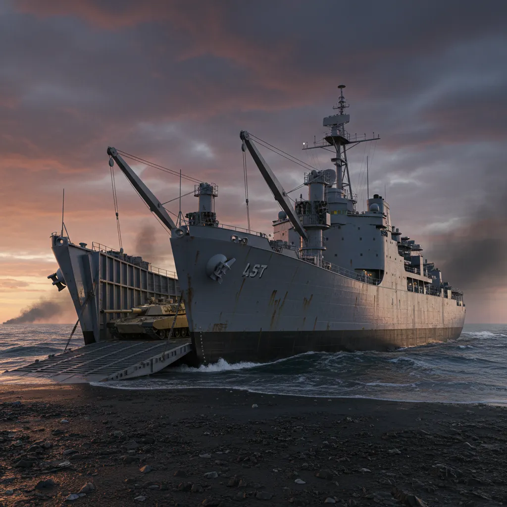 LST Tank Landing Ship (Basic Amphibious Transport) — LST Tank Landing Ship for amphibious assault operations. Broken Front Tier-1 Support / Logistics unit render.