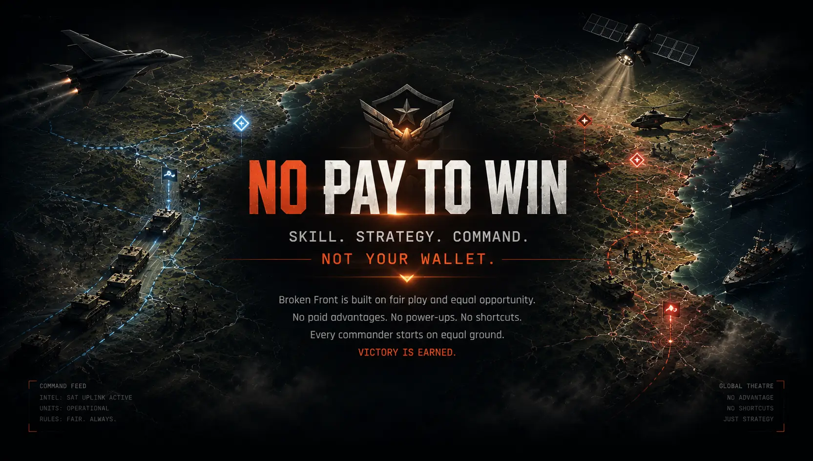 'No Pay to Win — Skill. Strategy. Command. Not your wallet.' banner over a global battle map with jets, satellites, and warships, stating Broken Front has no paid advantages, no power-ups, and no shortcuts — victory is earned