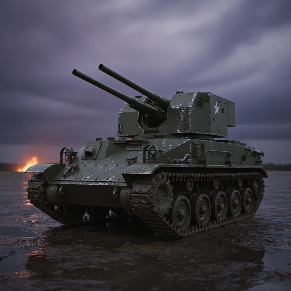 M42 Duster (Cold War Point Defense) — M42 Duster self-propelled anti-aircraft gun with twin 40mm cannon. Broken Front Tier-1 Air Defense unit render.