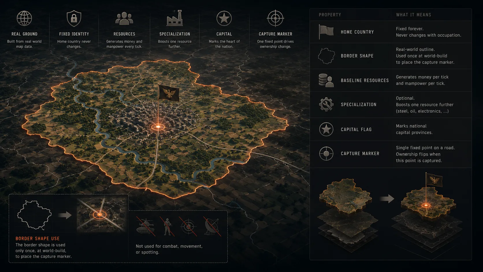Annotated view of a single province: a real-world territory with glowing border, capture marker at its center, and a property table covering home country, border shape, baseline resources, specialization, capital flag and capture marker