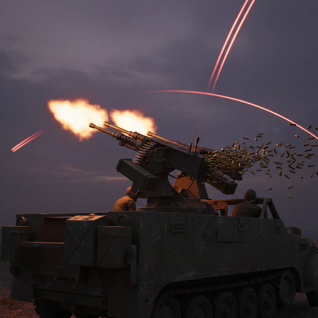 M55 Quad .50 Cal (Cold War SHORAD) — M55 quad .50 caliber anti-aircraft machine gun system on M45 mount. Broken Front Tier-1 Air Defense unit render.