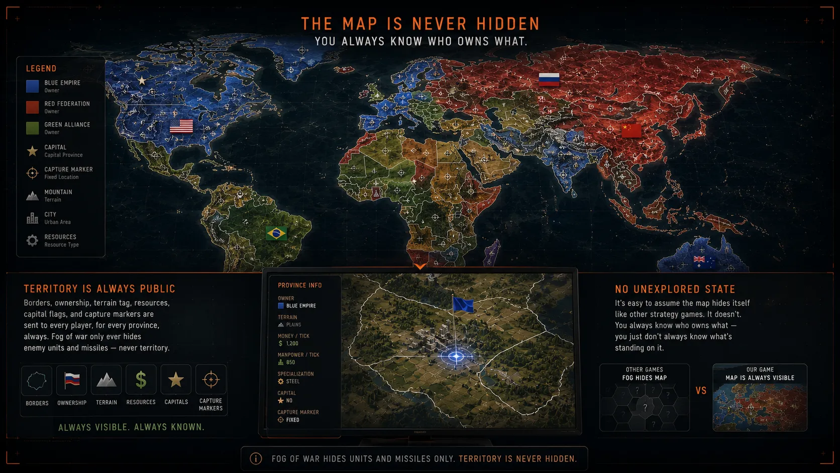 World map with every border and owner visible — territory data is public to all players; fog of war only hides units and missiles